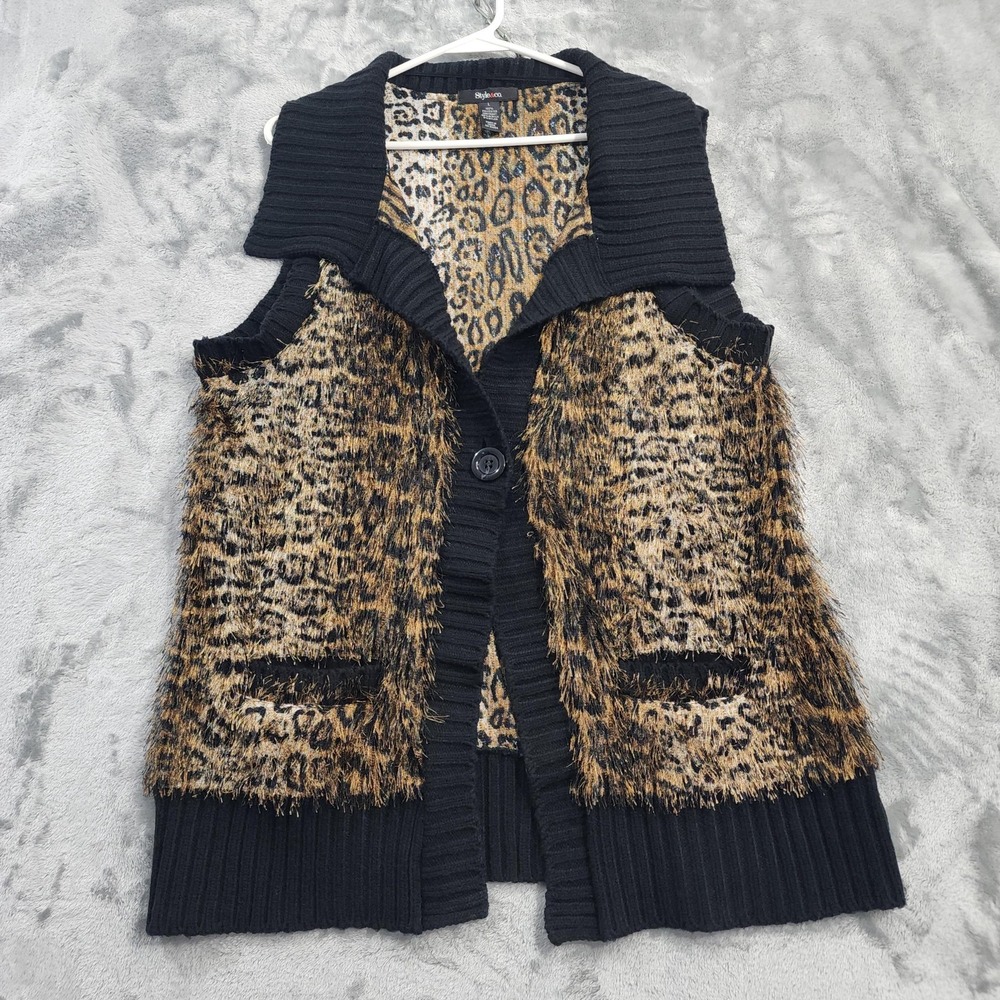 Style&Co Sweater Vest Womens L Brown Black Animal Print Fuzzy Knit Shawl Collar - Picture 1 of 8